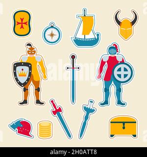 Vector illustration Stickers pack Kid toys Knight, sword, shield, helmet, treasure chest, ship, compass. Happy childhood Activity Gaming items Primary Stock Vector