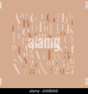 Stylish elegant font, english alphabet. uppercase, lowercase letters and numbers coffee color mix Stock Vector