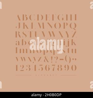 Stylish elegant font, english alphabet. uppercase, lowercase letters and numbers coffee color Stock Vector