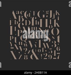 Stylish elegant font, english alphabet. uppercase, lowercase letters and numbers brown mix Stock Vector