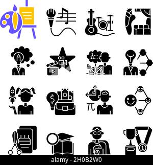 Talents and aptitudes black glyph icons set on white space Stock Vector