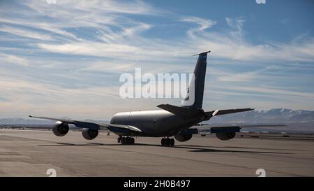 A KC-135R assigned to the Utah National Guard’s 151st Air Refueling Wing prepares to depart Roland R. Wright Air National Guard Base in Salt Lake City, Utah, Jan. 15, 2021. The Soldiers aboard will augment local law enforcement and civil authorities in the nation’s capitol throughout the inauguration week. Stock Photo