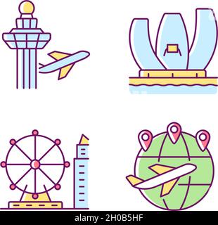 Tourist attractions in Singapore RGB color icons set Stock Vector