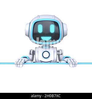 Cute blue robot holding blank white board 3D rendering illustration isolated on white background Stock Photo