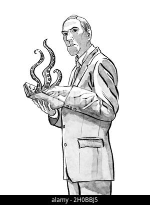 H. P. Lovecraft hand drawn portrait illustration art Stock Photo