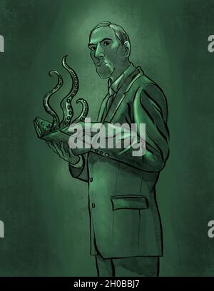 H. P. Lovecraft hand drawn portrait illustration art Stock Photo