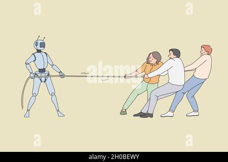 Human workers pulling the rope against robotic worker. Vector concept illustration of fighting between artificial intelligence technology and business people. Stock Vector