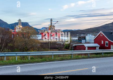 , NORWAY - Sep 19, 2021: A view of Transocean Spitsbergen drilling platforms stationed somewhere in Norway, near Atlantic street