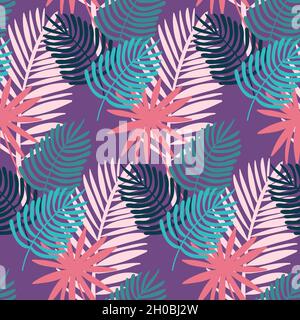 Monstera and palm seamless pattern, tropical purple lilac leaf, vector illustration Stock Vector