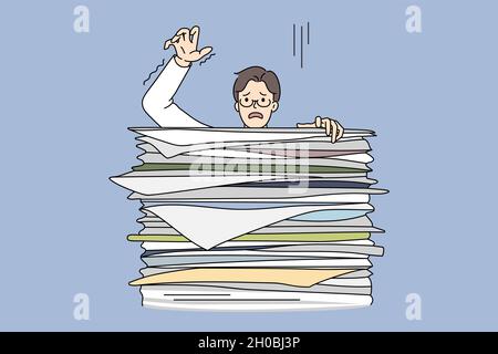 Learning boy behind huge stack of exam books. Vector concept illustration of exhausted student preparing for exams and falling of books pile. Stock Vector