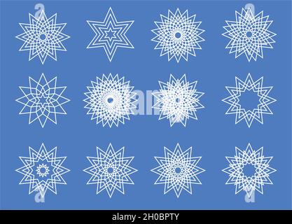 Symmetrical snowflake set. Vector illustration blue white outline Stock Vector