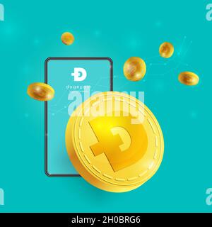 A Green background in dogecoin vector concept is growing up in the air. The cryptocurrency is in a 3D golden coin vector with a Dogecoin sign. Stock Vector