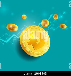 A Green background in dogecoin vector concept is growing up in the air. The cryptocurrency is in a 3D golden coin vector with a Dogecoin sign. Stock Vector