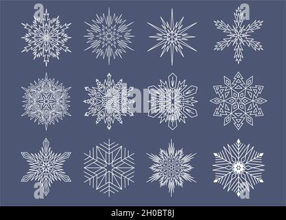 Symmetrical snowflake set, snowflake star shaped icon set. Vector illustration Stock Vector