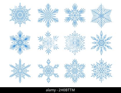 Symmetrical snowflake mandala set, star shape icons set. Vector illustration blue white outline Stock Vector