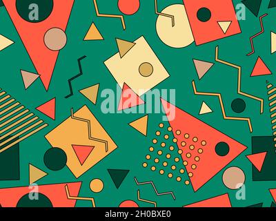 Geometric seamless pattern in 80s memphis style. Geometric shapes with strokes. Abstract colorful background. Design for brochures, banners and promot Stock Vector