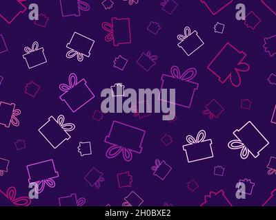 Outline gift boxes seamless pattern. Multicolored gifts with bows on a purple background. Design for wrapping paper, promotional materials, banners an Stock Vector
