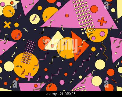Geometric seamless pattern in 80s memphis style. Geometric shapes with strokes. Abstract colorful background. Design for brochures, banners and promot Stock Vector