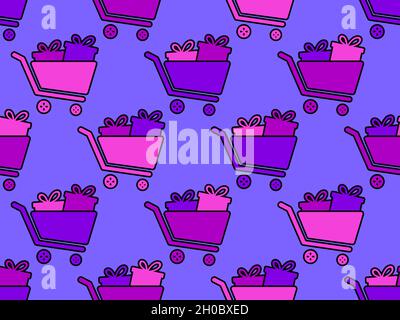 Shopping trolley with gifts seamless pattern. Trolley with a gifts. Shopping cart with gift boxes. Design for wrapping paper, promotional materials, b Stock Vector