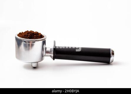 Coffee maker horn on a white background, close-up, isolate. Holder for coffee Stock Photo