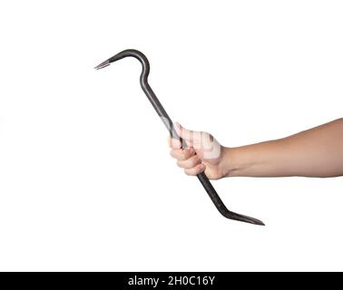 Metal black crowbar in a man's hand on a white background, isolate. Close-up Stock Photo