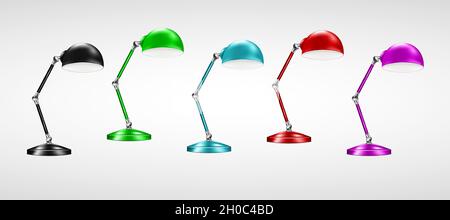 Table lamp with matte color metal lampshade. Adjustable interior light. Multicolored set. Vector illustration Stock Vector