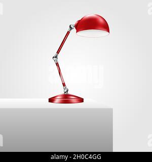 Red table lamp on white desk. Adjustable interior light with matte metal lampshade. Vector illustration Stock Vector