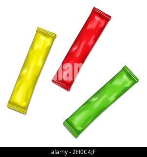 Color stick pack set, realistic vector illustration. Small colour sachet packet. Single dose pouch packaging for sugar, coffee Stock Vector