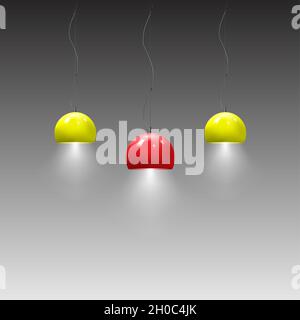 Hanging pendant lamps with the light on. Chandeliers with color glossy metal lampshades. Yellow and red colours. Realistic vector illustration Stock Vector