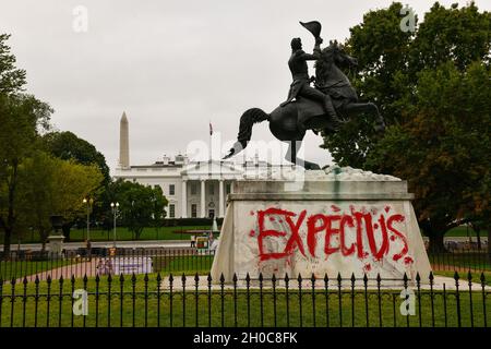 Washington, USA. 11th Oct, 2021. A statue of Andrew Jackson in Lafayette Square is seen defaced before an environmental protest takes place at the White House in Washington, DC on October 11, 2021. (Photo by Matthew Rodier/Sipa USA) Credit: Sipa USA/Alamy Live News Stock Photo