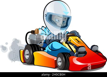 Vector Cartoon cart with kid racer isolated on white. Available EPS-10 separated by groups and layers for easy edit Stock Vector