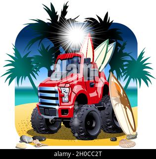 Vector cartoon 4x4 car on beach. Available EPS-10 vector format separated by groups and layers with transparency effects for one-click recolour Stock Vector