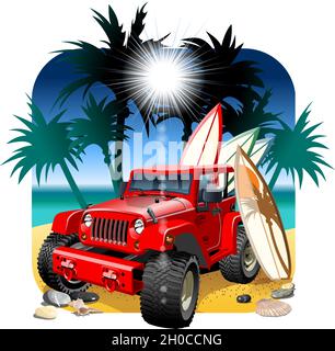 Vector cartoon 4x4 car on beach. Available EPS-10 vector format separated by groups and layers Stock Vector