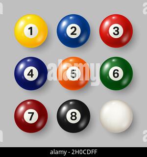 Colorful billiard, pool balls with numbers on gray background. Realistic glossy snooker ball. Vector illustration. Stock Vector