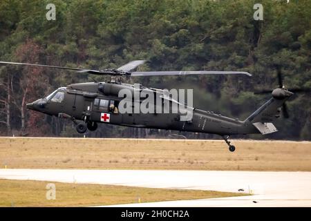 United States Army Sikorsky HH-60M Blackhawk medical transport helicopter about to land. The Netherlands - February 4, 2019 Stock Photo