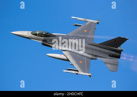 Belgian Air Force General Dynamics F-16 Fighting Falcon multirole fighter jet taking off from Leeuwarden Air Base. October 7, 2021 Stock Photo