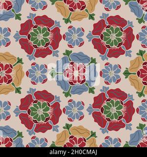 Medieval rose vector pattern seamless background. Azulejo tile style backdrop of hand drawn flower motifs. Historical color palette. Geometric Stock Vector