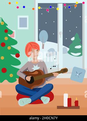 Vector scene with girl playing guitar in Christmas time Stock Vector