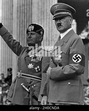 Italian duce Benito Mussolini visiting Adolf Hitler at Berlin, Germany ...