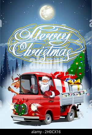 Vector Christmas card with cartoon retro Christmas delivery truck, Santa, reindeer and christmas lettering. Stock Vector