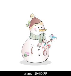 Cute happy snowman with little bird isolated on white background illustration Stock Photo