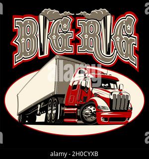 Vector cartoon semi truck with vintage lettering poster isolated on black background. Available EPS-8 vector format separated by groups and layers for Stock Vector