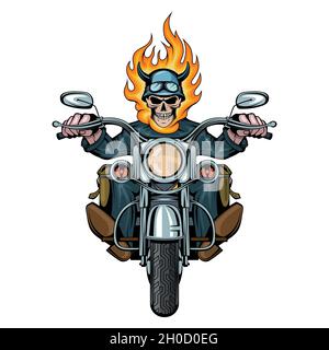 Burning Skull. Evil person. Skull Biker Sits On A Bike. Skull riding a motorcycle. Tattoo. Biker party. Vector graphics to design Stock Vector