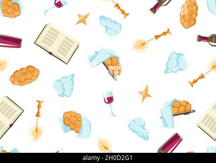 Shabbat Shalom seamless pattern with religious objects. Background with Jewish symbols. Stock Vector