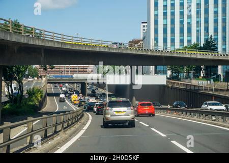 The M8 motorway in a cutting through central Glasgow. Stock Photo