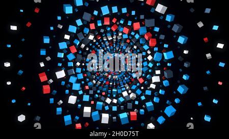Tunnel of 3D colored squares on black background. Animation. Beautiful hypnotic tunnel of colorful cubes. Distance from spiral of many bright cubes. Stock Photo