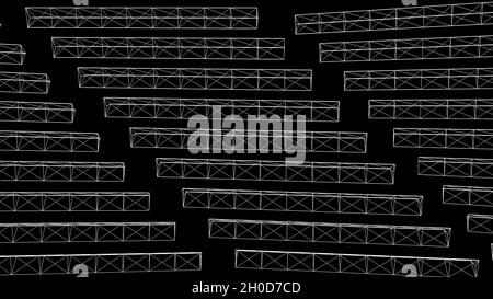 Abstract white triangle shapes on black background. Animation. Rotating 3D elongated constructions of triangles. Transparent elongated triangles rotat Stock Photo