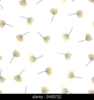 Botanical seamless vector pattern metallic gold foil. Siny golden flower silhouettes on white background wild grass florals elegant. Delicate minimal Stock Vector