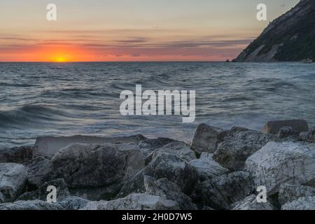 National Park Monte Conero, Portonovo Beach, Sunrise, Seascape, Marche, Italy, Europe Stock Photo