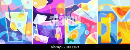 Collection of posters with different cocktails. Placard designs in abstract style. Stock Vector